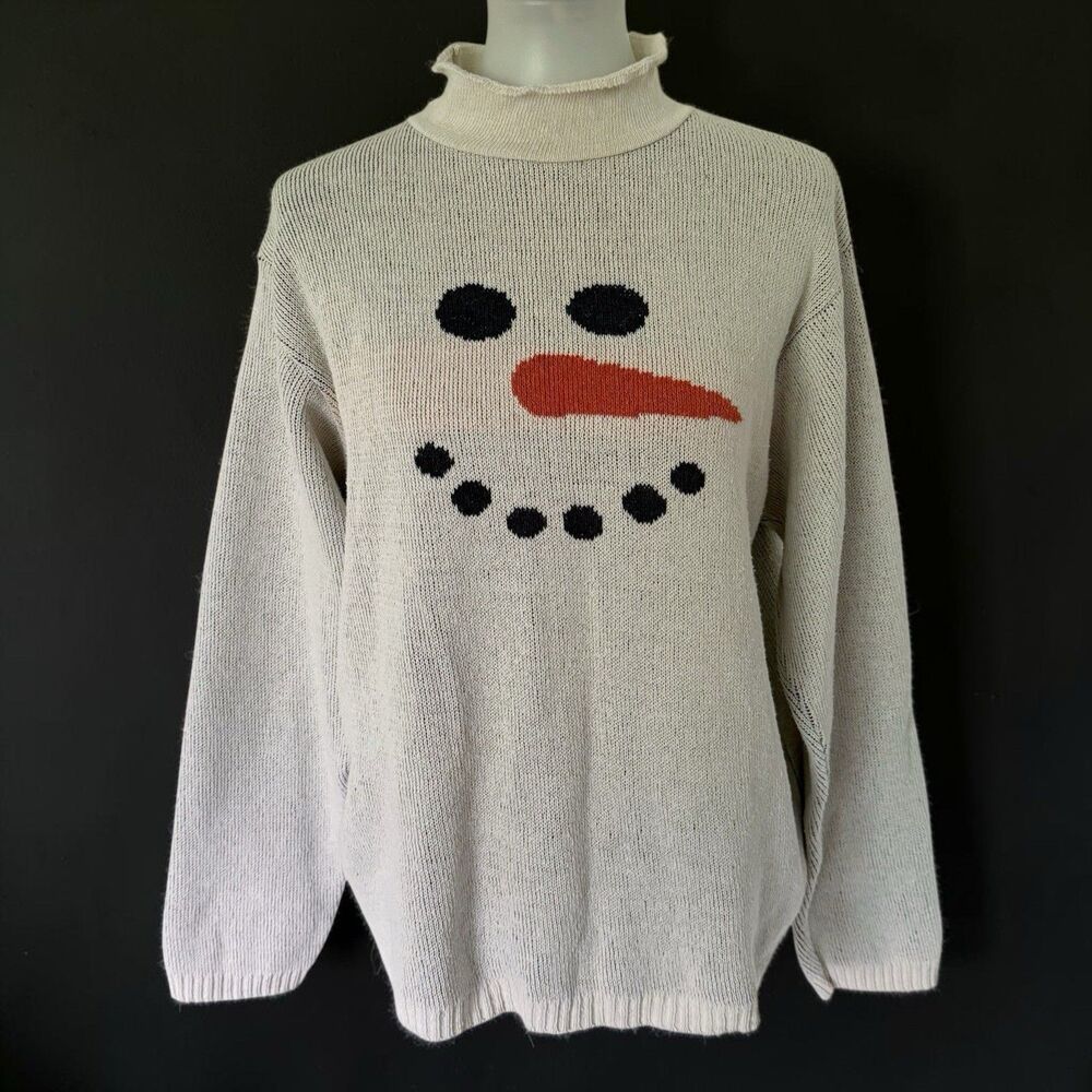 VTG Binghamton Knitting Co. Pullover Sweater XL Beige Cream Snowman USA Made 80s